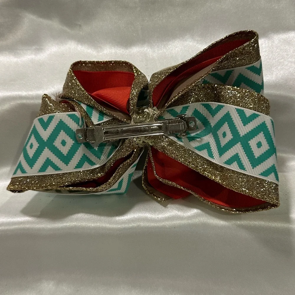 XL Hair Bow.  Teal Geometric & Gold Glitter